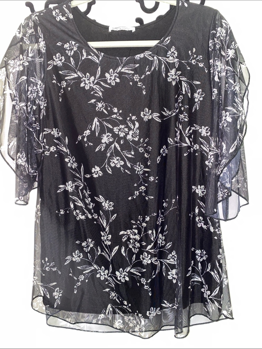 Black Floral Sheer Overlay Women's Top
